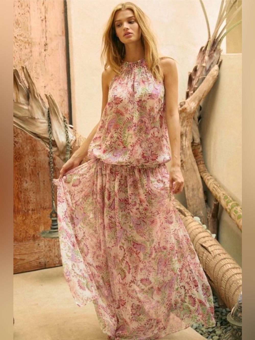 NWT MISA Los Angeles Angelina Rainbow Paisley Halter Maxi Dress XS/S $390